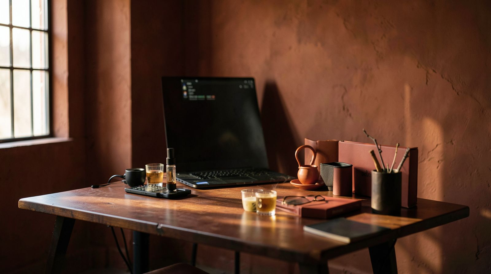 Photography studio with natural light and terracotta walls