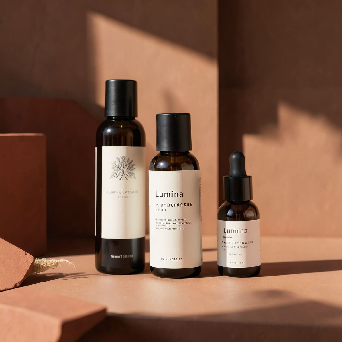 Lumina Skincare serum bottles in minimalist studio setting
