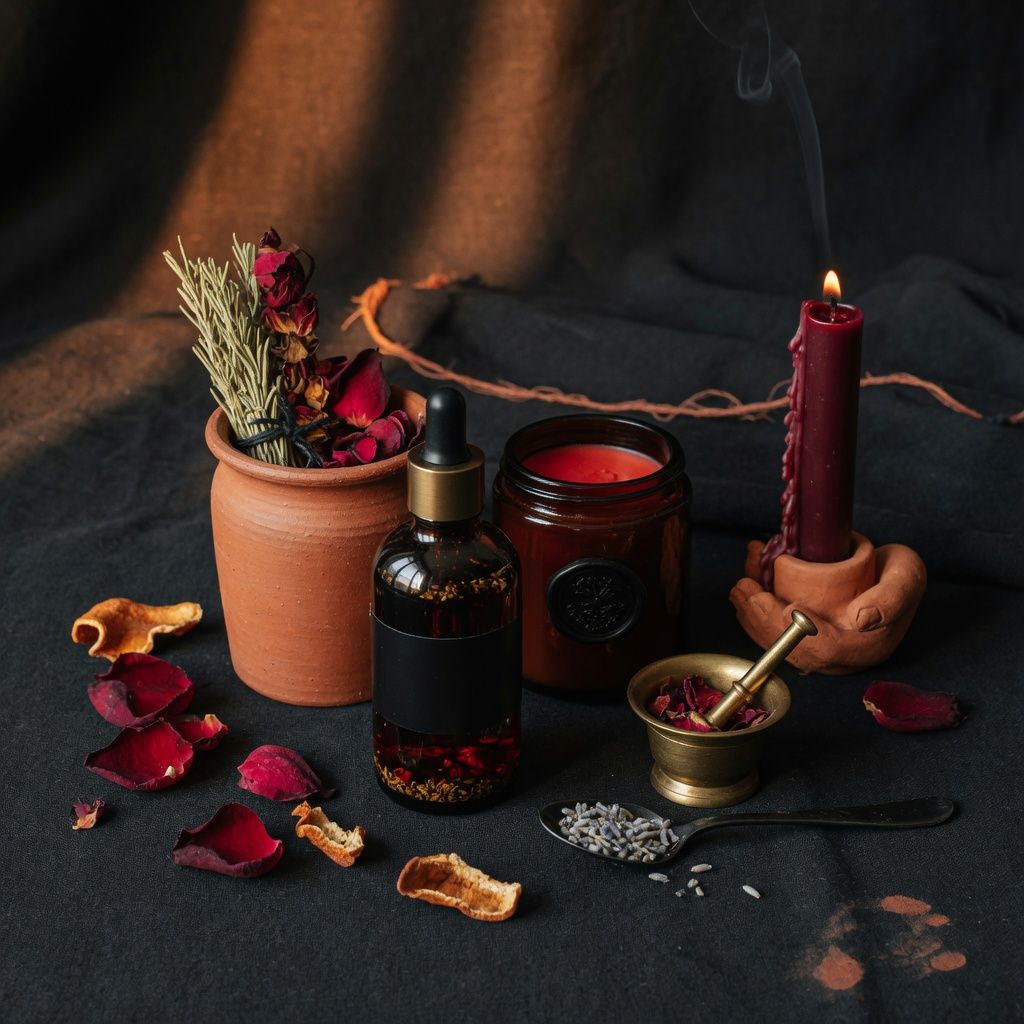 Herb & Hearth apothecary products in moody lighting