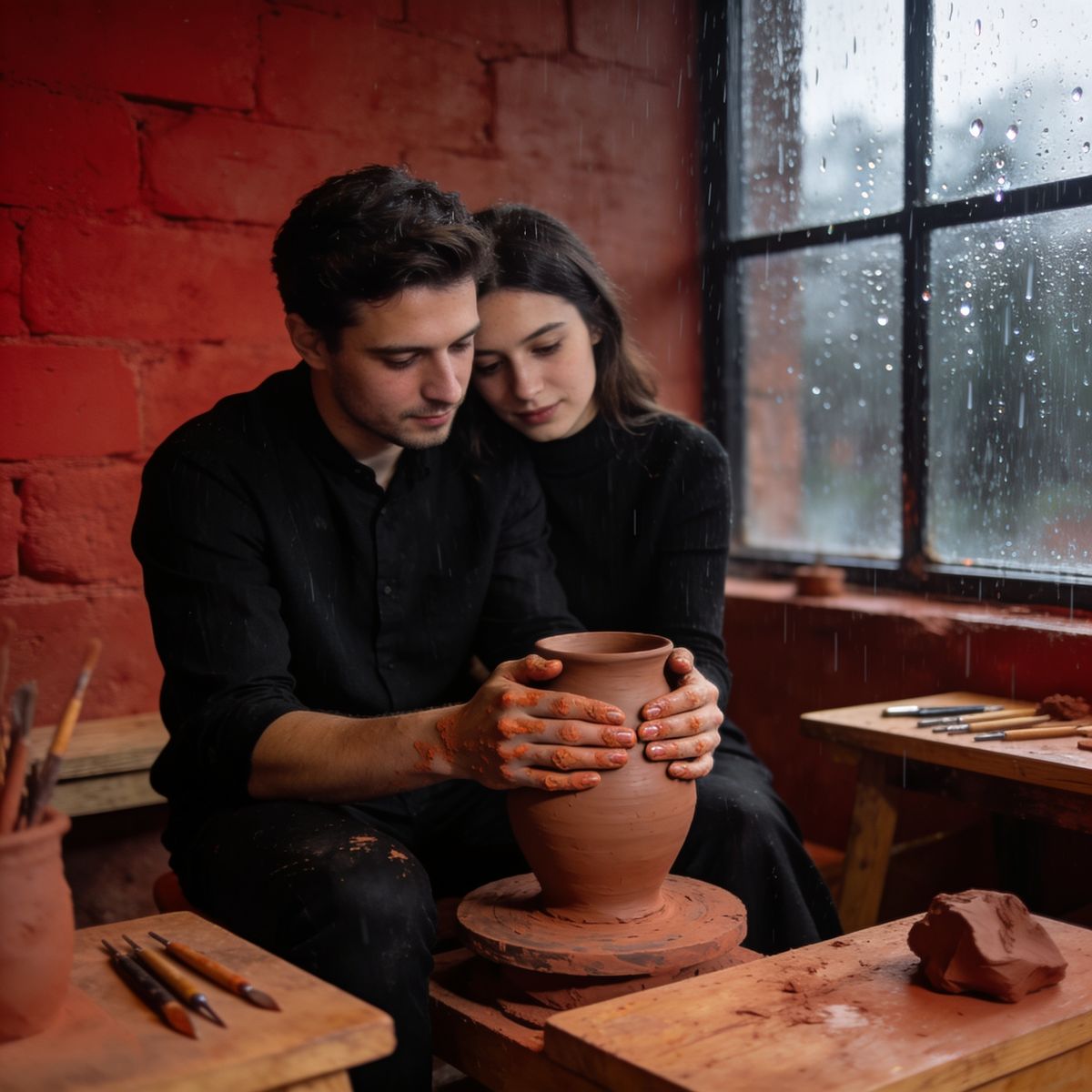 Couple portrait in terracotta studio with rain outside