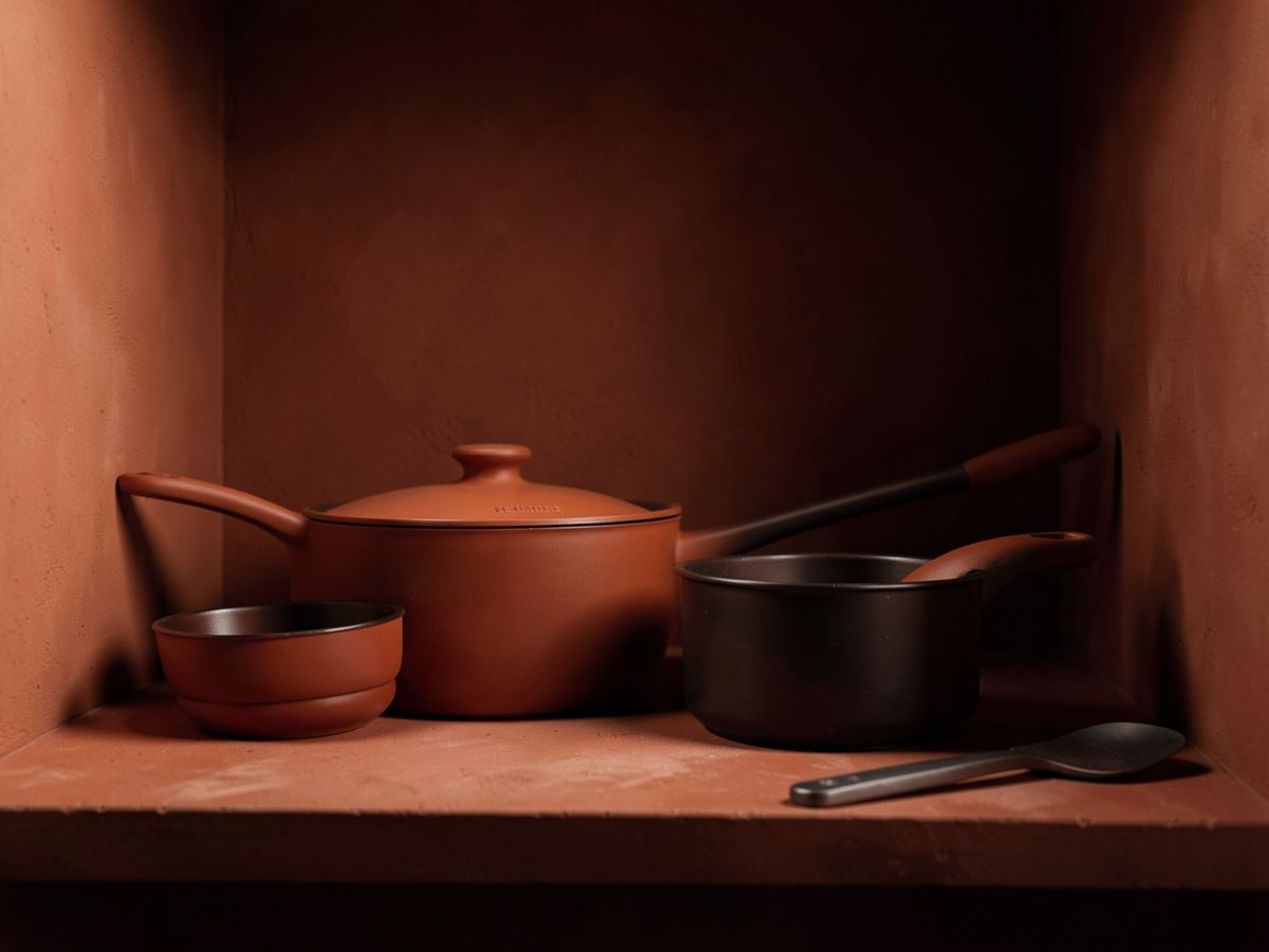 Le Creuset cookware still life in terracotta chamber